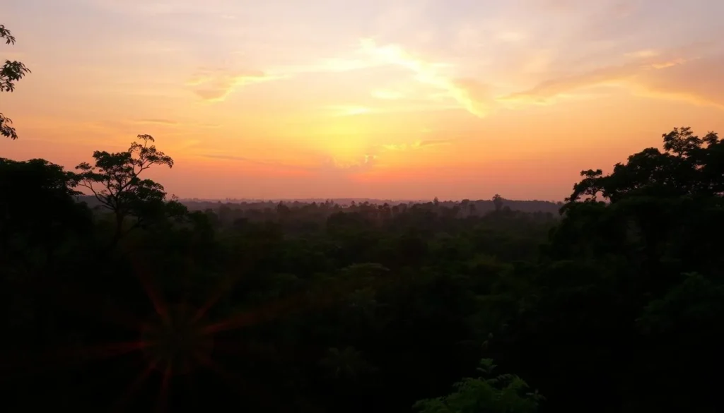 Sunset view over Khadim Nagar National Park Bangladesh with golden light filtering through trees