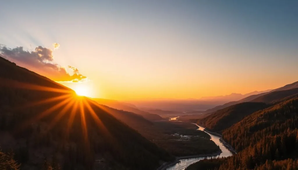 Sunset view over Kumrat Valley, Pakistan with golden light illuminating the forests and mountains