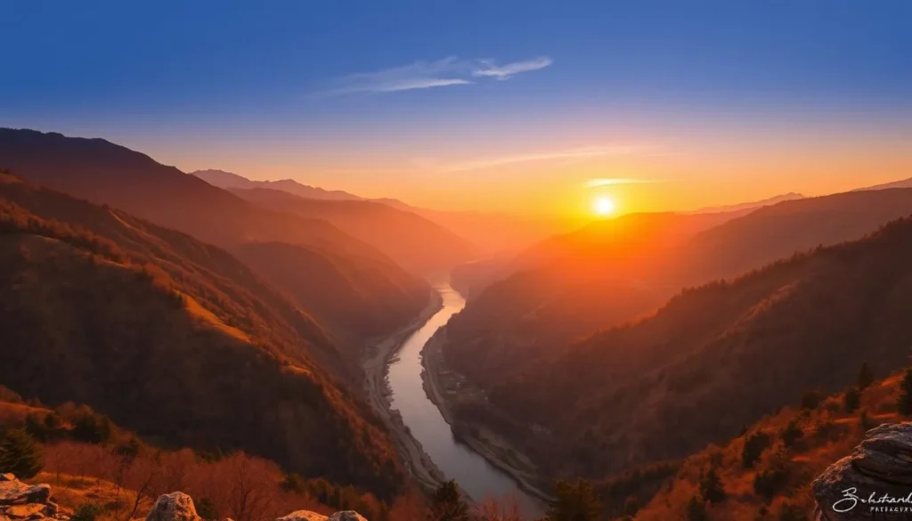Sunset view over Neelam Valley with the Neelum River winding through mountains and forests Sunset view over Neelam Valley with the Neelum River winding through mountains and forests