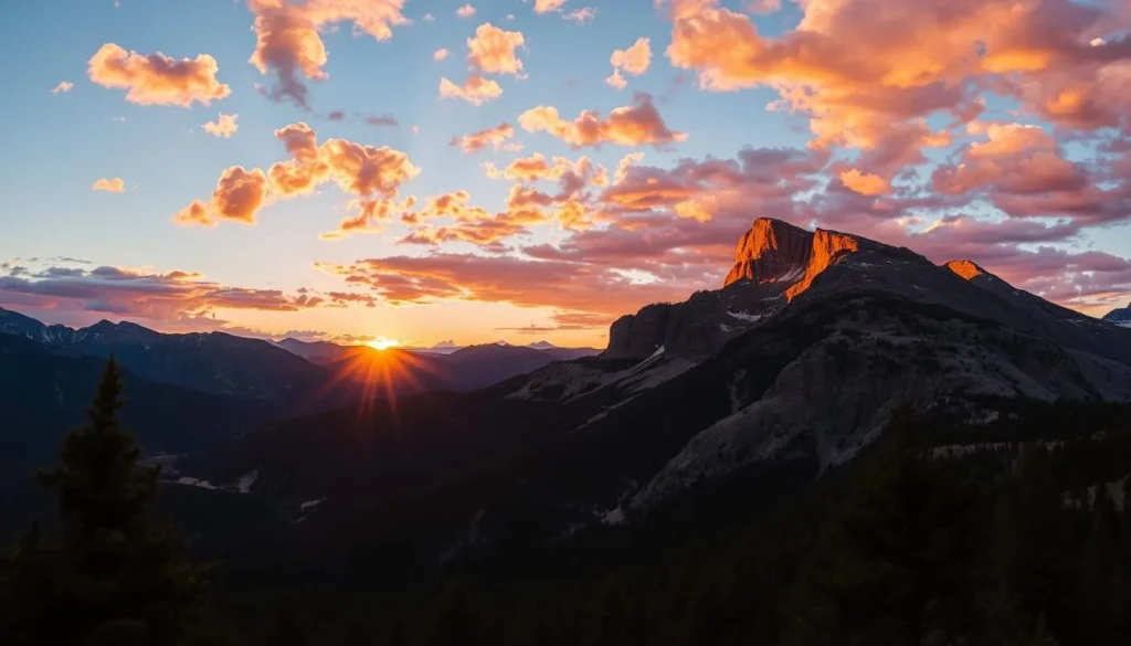 Sunset view over Sunlight Mountain with golden light on the peaks