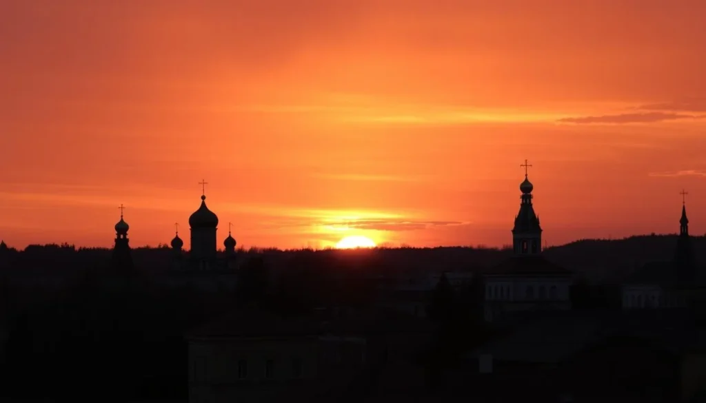 Sunset view over a Moscow Oblast town with church domes silhouetted against the colorful sky