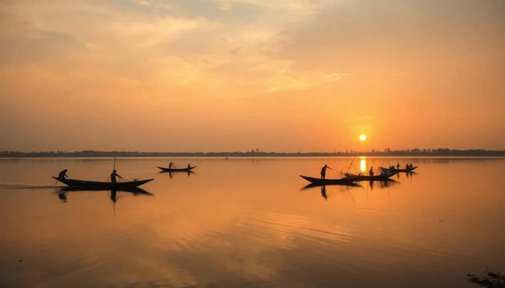 Sunset view over the Chenab River near Sargodha with fishing boats
