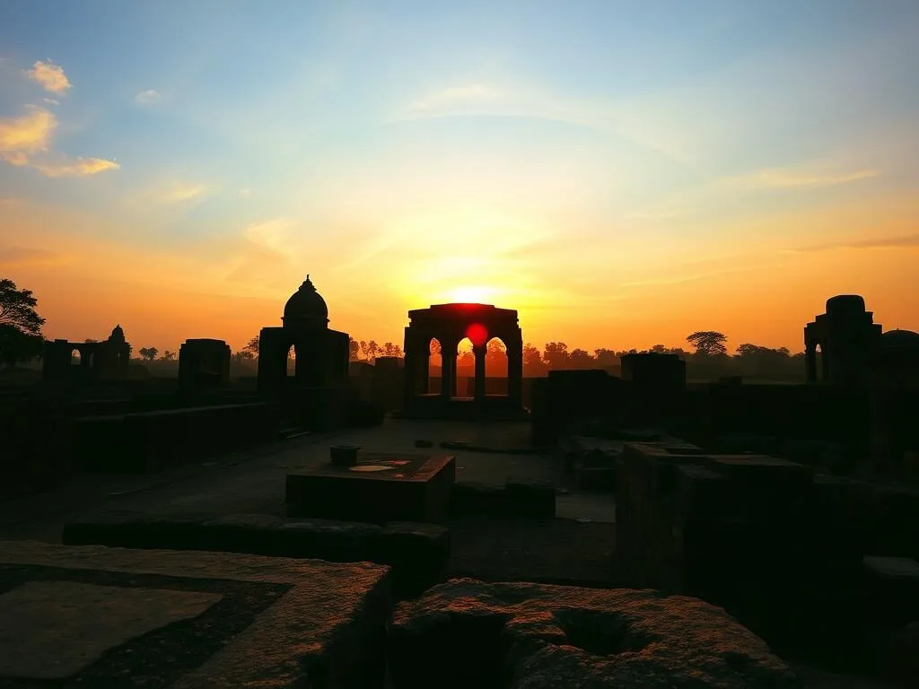 Sunset view over the ruins of Gaur Bangladesh creating a magical atmosphere Sunset view over the ruins of Gaur Bangladesh creating a magical atmosphere