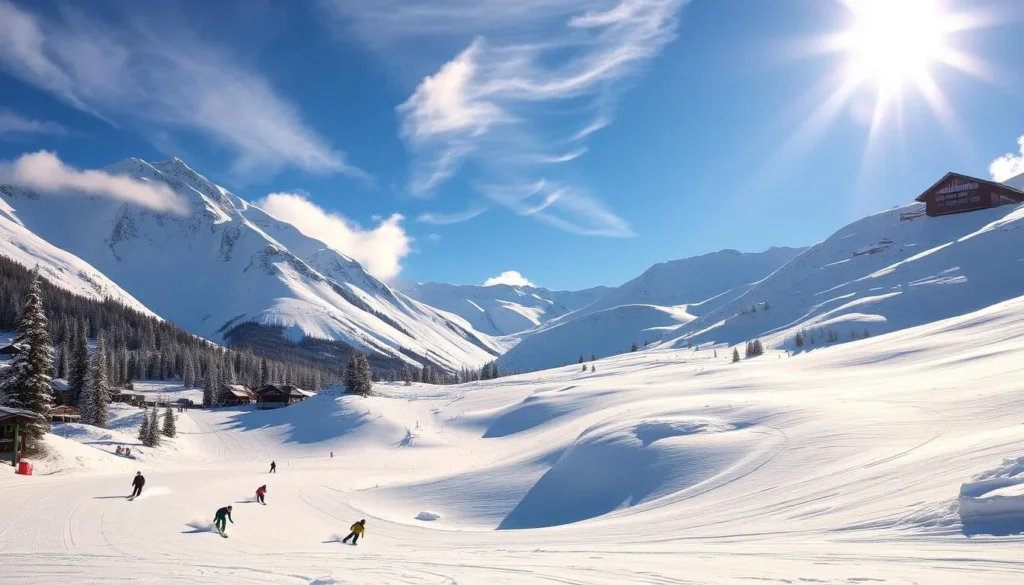 Sunshine Village Ski Resort, nestled in the heart of the Canadian Rockies, Alberta. A breathtaking scene of intermediate slopes blanketed in pristine snow, surrounded by towering, snow-capped peaks. Skiers carve graceful turns through the powdery terrain, their colorful gear standing out against the crisp, blue sky. Warm, golden sunlight filters through wispy clouds, casting a serene glow over the entire landscape. The resort's iconic gondola system transports visitors to the top of the slopes, offering panoramic vistas of the stunning mountain scenery. A picturesque, winter wonderland that promises an exhilarating day on the slopes for skiers of all skill levels.