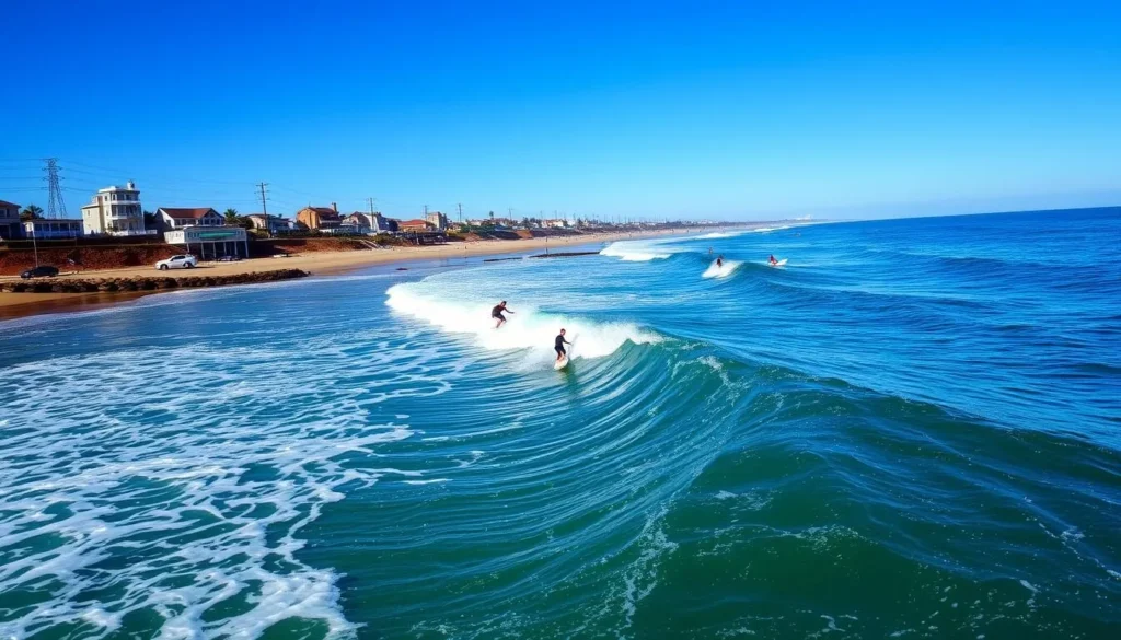 Surfers catching waves at El Porto Beach in Manhattan Beach with coastline view Surfers catching waves at El Porto Beach in Manhattan Beach with coastline view