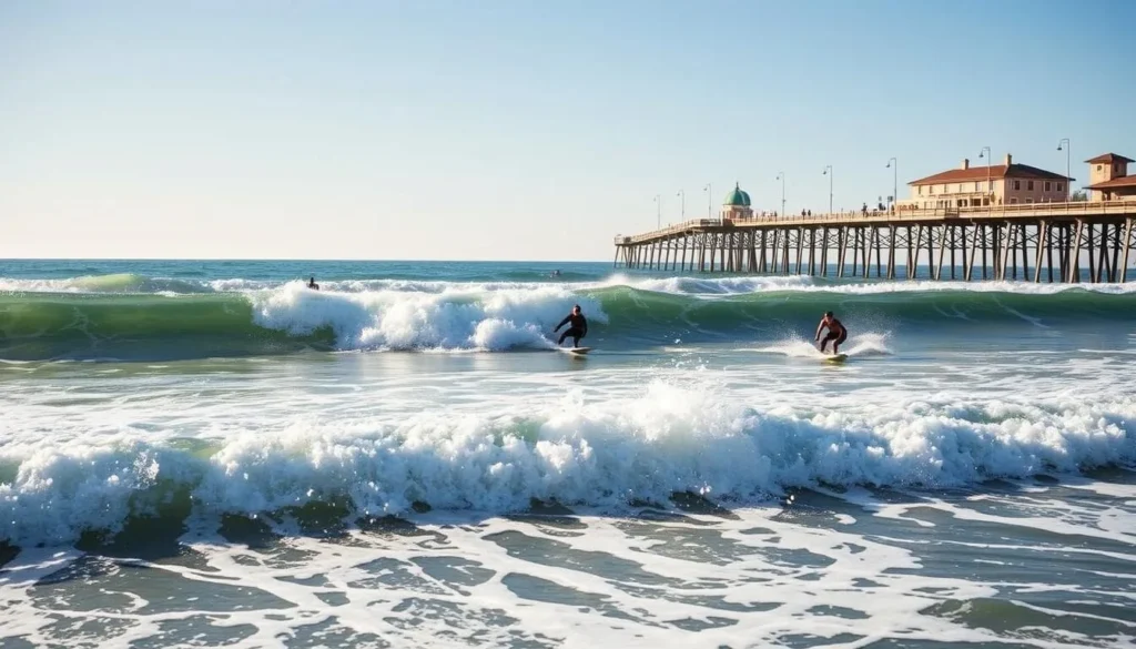 Surfers catching waves at Hermosa Beach with the pier visible in the background