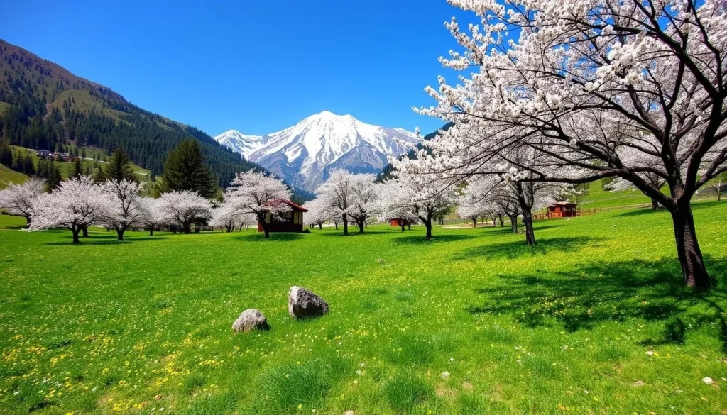 Swat Valley in spring with blooming cherry trees and mountains in the background