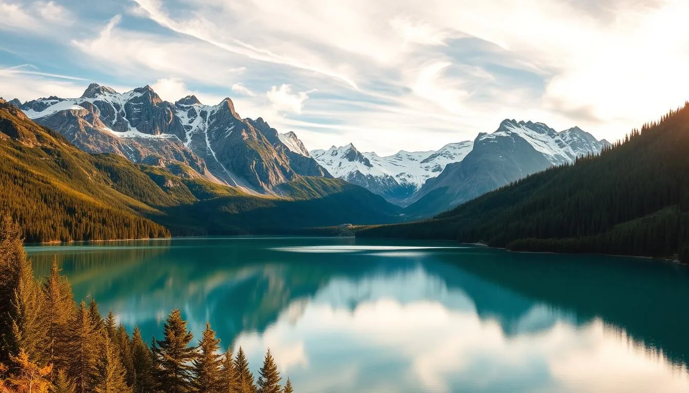 Sweeping panorama of the majestic Østfold Mountains in Norway, illuminated by warm, golden sunlight filtering through wispy clouds. Rugged, snow-capped peaks rise majestically in the distance, their jagged silhouettes mirrored in the still, tranquil waters of a pristine alpine lake in the foreground. Lush, verdant forests cling to the slopes, creating a picturesque contrast between the dramatic geology and the serene natural beauty. A sense of tranquility and wonder permeates the scene, inviting the viewer to immerse themselves in the breathtaking landscape.