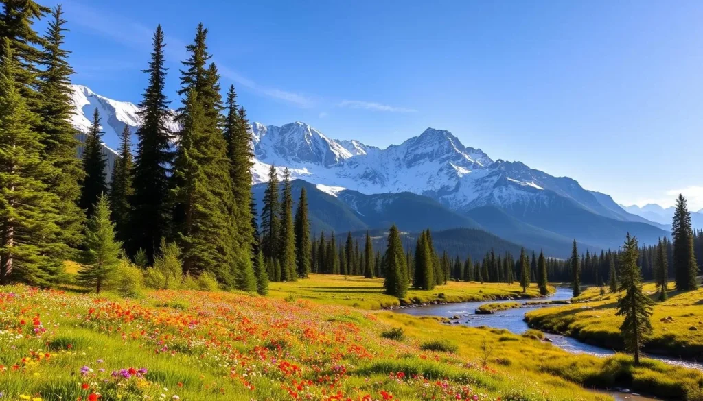 Sweeping vistas of the majestic Rocky Mountains, with snow-capped peaks reaching towards the azure sky. In the foreground, a pristine alpine meadow abloom with vibrant wildflowers, bathed in the warm glow of the afternoon sun. A winding creek meanders through the lush landscape, its gentle waters reflecting the towering mountains. Tall, verdant pine trees line the scene, creating a serene and peaceful atmosphere. A wide-angle lens captures the grandeur of the scenery, inviting the viewer to immerse themselves in the natural splendor of Longview, Alberta.