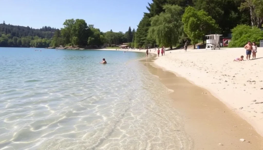 Swimming area at Lake Temescal with sandy beach and clear water