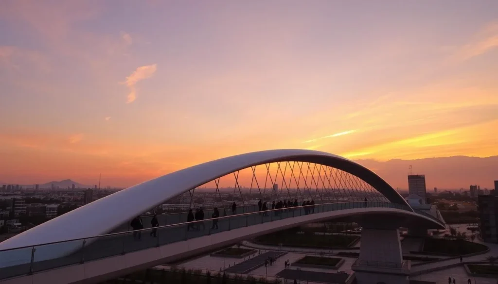 Tabiat Bridge at sunset with people walking and city views, modern things to do in Tehran Iran Tabiat Bridge at sunset with people walking and city views, modern things to do in Tehran Iran