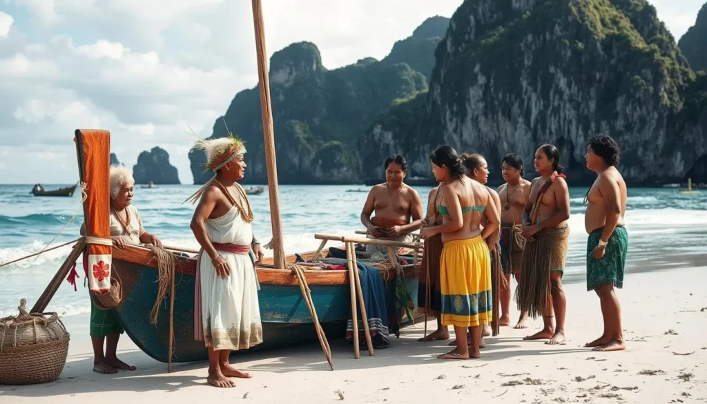 Tagbanua indigenous people of Coron Island in traditional clothing with their outrigger boat
