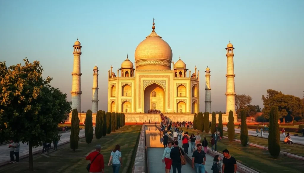 Taj Mahal during golden hour with perfect weather conditions in October, showing clear skies and comfortable visiting conditions Taj Mahal during golden hour with perfect weather conditions in October, showing clear skies and comfortable visiting conditions