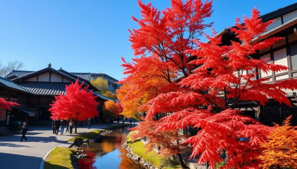 Takayama during autumn with colorful fall foliage surrounding traditional buildings, one of the best times to visit Takayama Japan