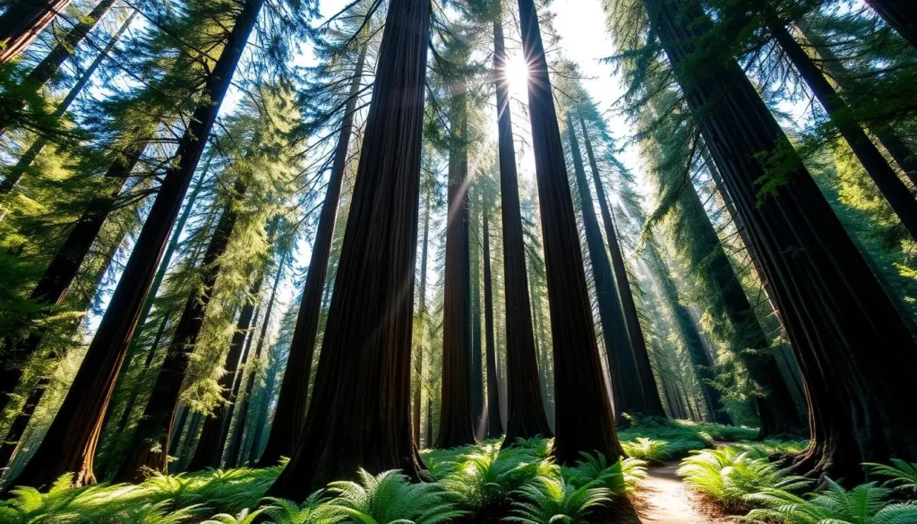 Tall redwood trees in Redwood Regional Park near Lake Temescal Oakland
