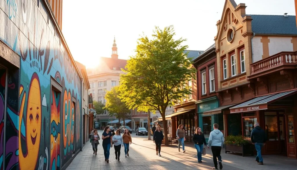 Tampere street scene, capturing the vibrant, creative energy of the city. In the foreground, vivid murals adorn the walls, showcasing the talents of local artists. Pedestrians stroll by, admiring the colorful displays. In the middle ground, quaint cafes and shops line the street, their facades adorned with unique architectural details. Warm, golden sunlight filters through the trees, casting a pleasant glow over the scene. In the background, the silhouettes of historic buildings rise, blending the old and the new. An atmosphere of inspiration and discovery permeates the air, inviting visitors to explore Tampere's thriving street art and creative scene.