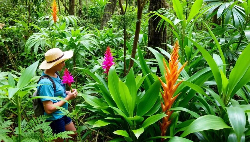 Tarapoto jungle trekking tour with a guide pointing at exotic plants