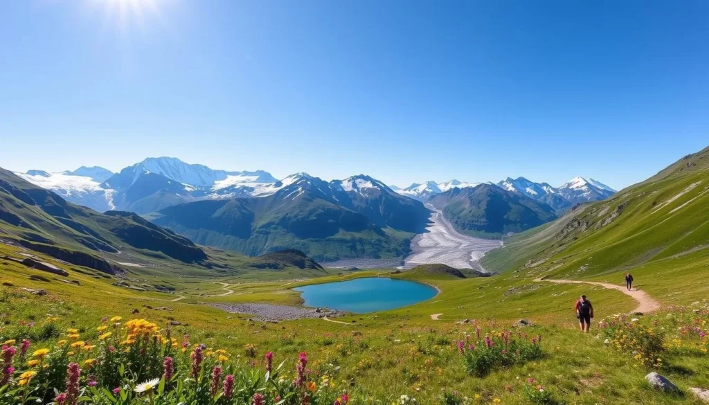 Tarfala Valley, a breathtaking alpine landscape nestled in the heart of Sweden's Kebnekaise mountain range. Capture the majestic peaks rising in the distance, their snow-capped summits glittering under the warm summer sun. Panoramic vistas stretch out, revealing a lush meadow in the foreground, dotted with vibrant wildflowers swaying in a gentle breeze. A pristine glacial lake reflects the surrounding mountains, its crystal-clear waters a captivating shade of turquoise. Hikers traverse the well-worn trails, immersed in the serene, awe-inspiring atmosphere of this natural wonder. Convey a sense of tranquility and adventure, inviting the viewer to explore the captivating beauty of Tarfala Valley.