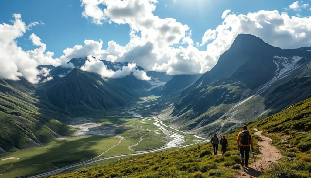 Tarfala Valley, a majestic landscape in the Swedish Lapland, faces unique weather challenges. Envision a stunning vista where rugged peaks pierce through a tapestry of fluffy clouds, their shadows dancing across the valley floor. Sunlight filters through, casting a warm glow on the glacial streams and lush alpine vegetation. In the foreground, hikers navigate the winding trails, their gear equipped to handle the region's unpredictable climate. Capture the awe-inspiring beauty and the sense of adventure that defines this captivating natural wonder.