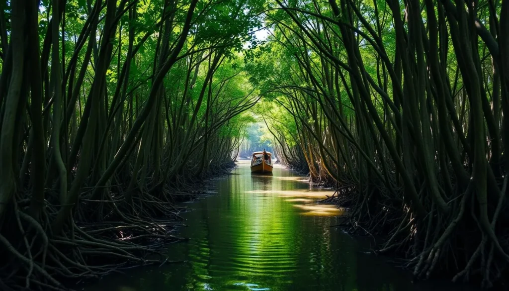 Tengragiri Forest showing mangrove trees, waterways, and wildlife similar to the Sundarbans ecosystem