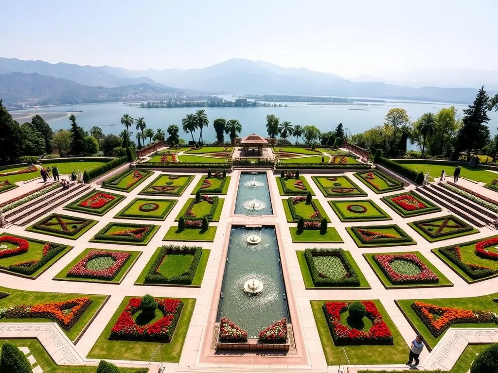 Terraced lawns and fountains of Nishat Bagh Mughal Garden with Dal Lake in the background Terraced lawns and fountains of Nishat Bagh Mughal Garden with Dal Lake in the background