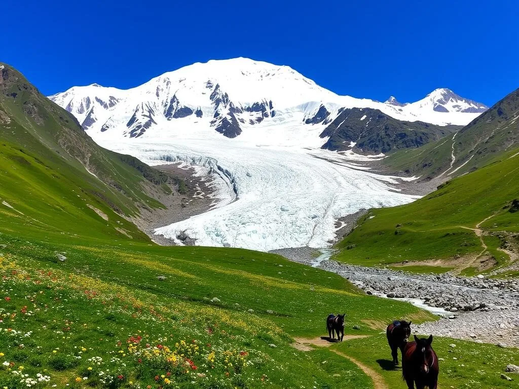 Thajiwas Glacier with snow and surrounding meadows with wildflowers in Sonamarg Thajiwas Glacier with snow and surrounding meadows with wildflowers in Sonamarg