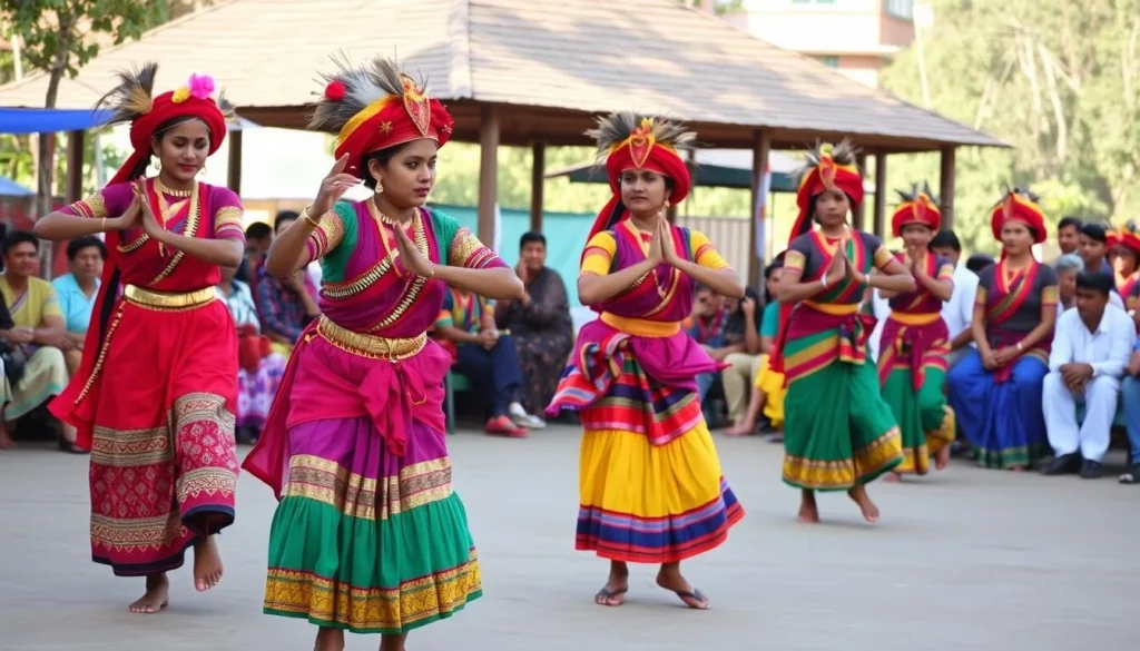 Tharu cultural dance performance in Chitwan with colorful costumes