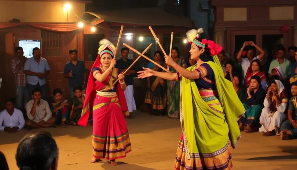 Tharu cultural dance performance in traditional costumes in Bharatpur Nepal