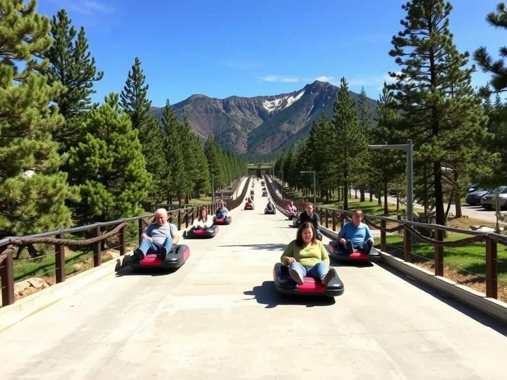 The Alpine Slide at Magic Mountain with riders enjoying the descent