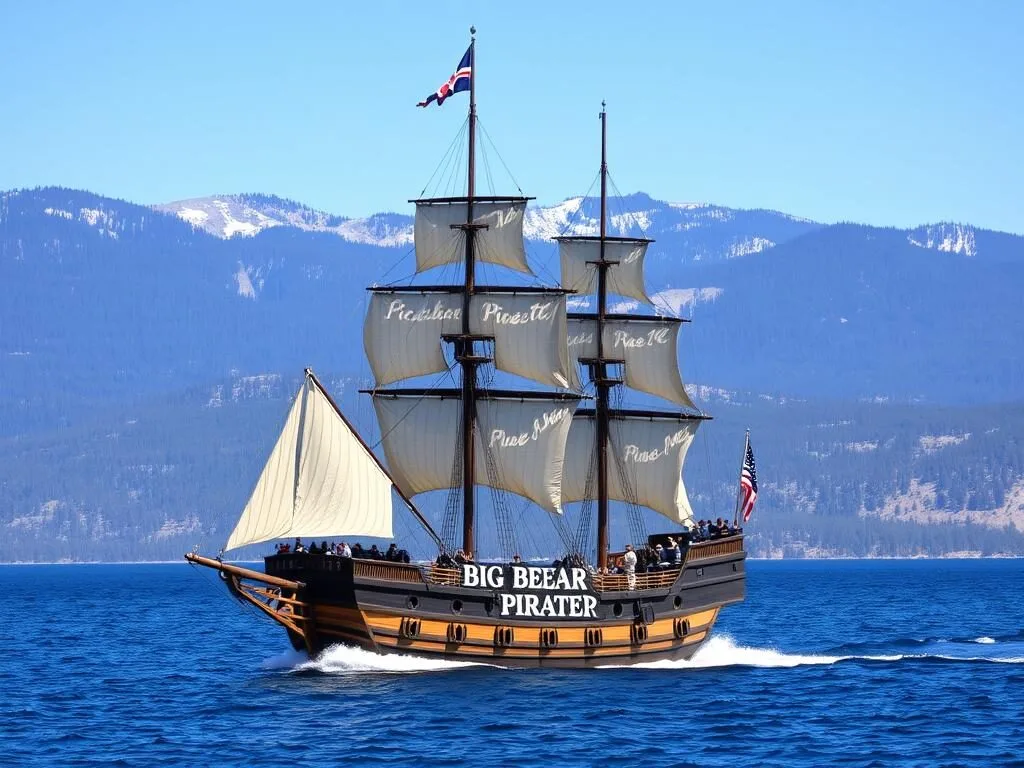 The Big Bear Pirate Ship cruising near the East Shore with mountains in background