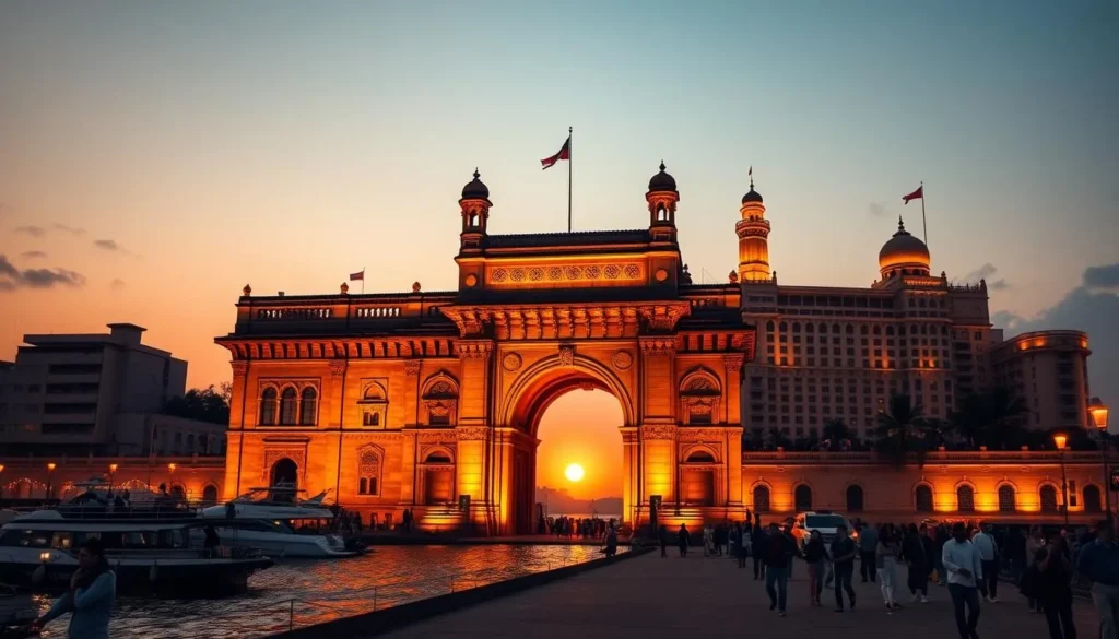 The Gateway of India illuminated at sunset with boats in the harbor and the Taj Mahal Palace Hotel in the background