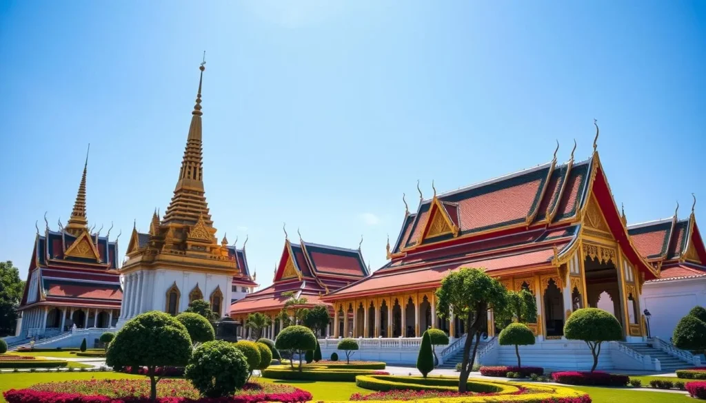 The Grand Palace in Bangkok with its ornate golden spires and detailed architecture