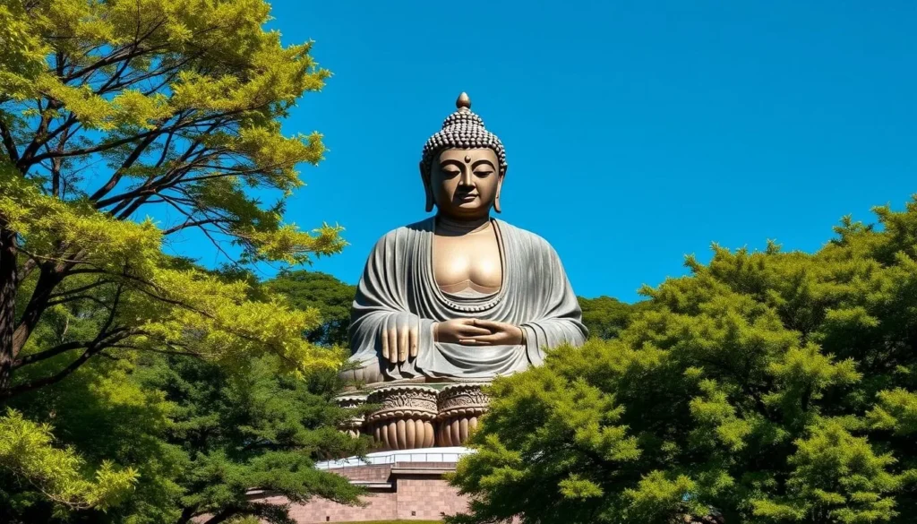 The Great Buddha (Daibutsu) of Kamakura surrounded by green trees on a clear day, a popular day trip from Yokohama