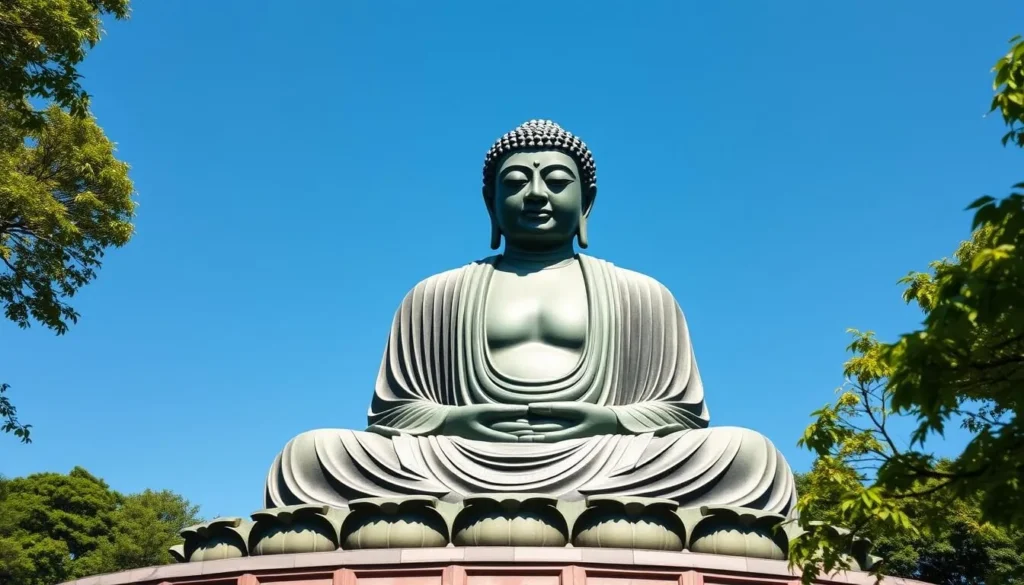 The Great Buddha of Kamakura sitting in meditation pose against a blue sky background The Great Buddha of Kamakura sitting in meditation pose against a blue sky background