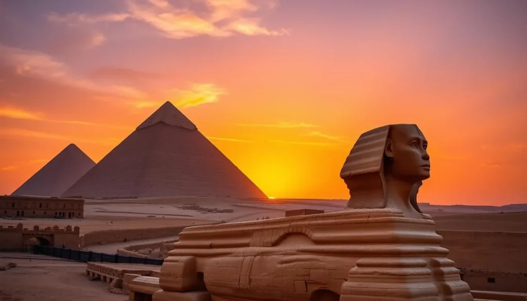 The Great Pyramids of Giza and Sphinx in Cairo Egypt at sunset