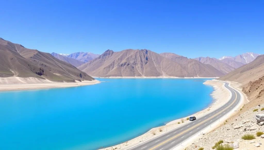 The Karakoram Highway winding alongside Attabad Lake with mountains in the background
