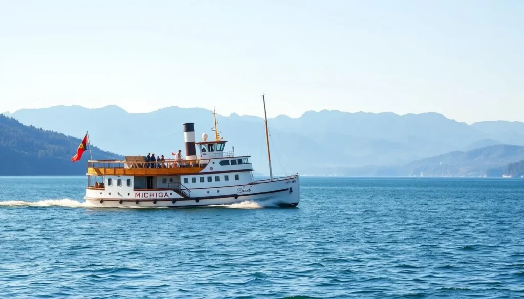 The Michigan paddle steamer cruise boat on Lake Biwa, Otsu City, Japan