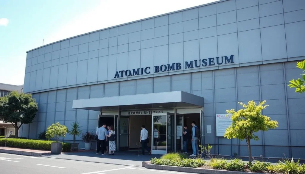 The Nagasaki Atomic Bomb Museum exterior with visitors entering to learn about the city's history