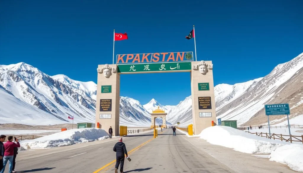 The Pakistan-China border at Khunjerab Pass with mountains in the background