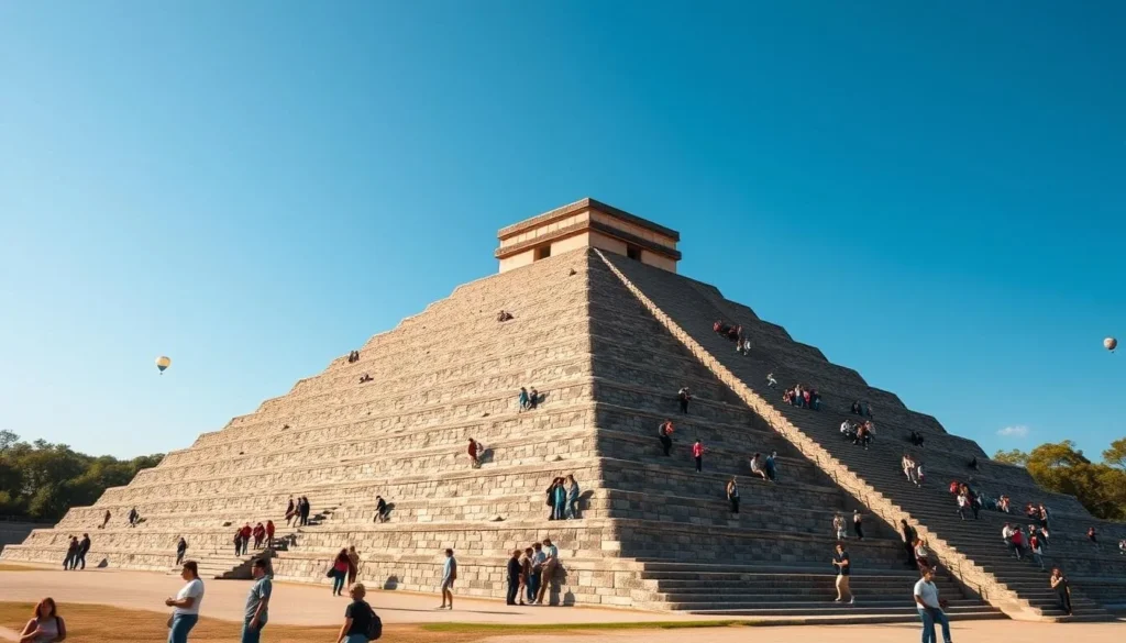 The Pyramid of the Sun at Teotihuacan with tourists climbing the steps under a clear blue sky