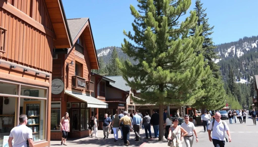 The Village shops in Big Bear with visitors browsing local stores