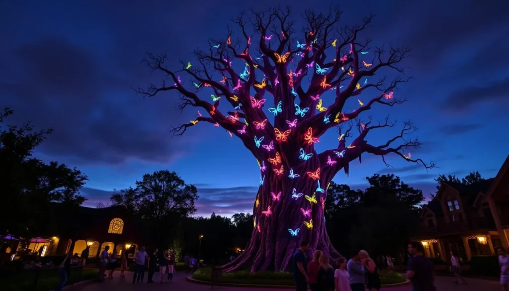 The Wildwood Tree illuminated at night in Dollywood's Wildwood Grove area