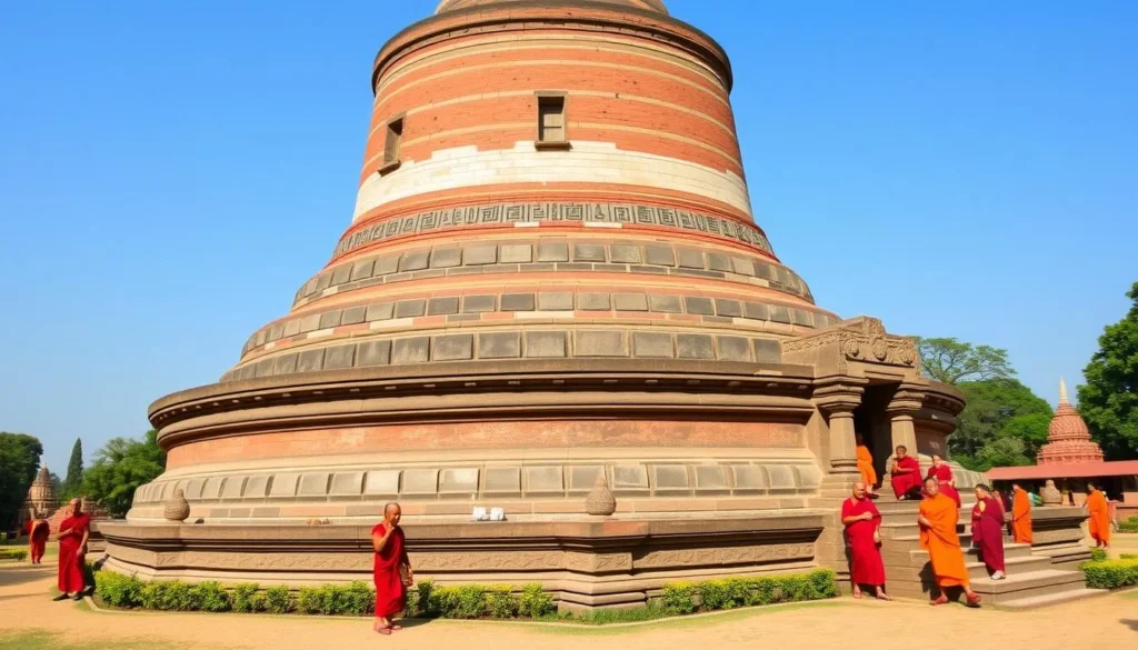 The ancient Dhamek Stupa in Sarnath with its intricate stone carvings and Buddhist pilgrims circumambulating the structure