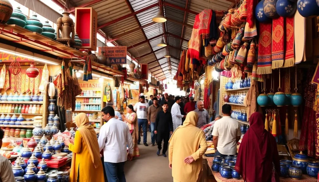 The bustling Hussain Agahi Bazaar with colorful shops selling traditional Multani crafts and textiles The bustling Hussain Agahi Bazaar with colorful shops selling traditional Multani crafts and textiles