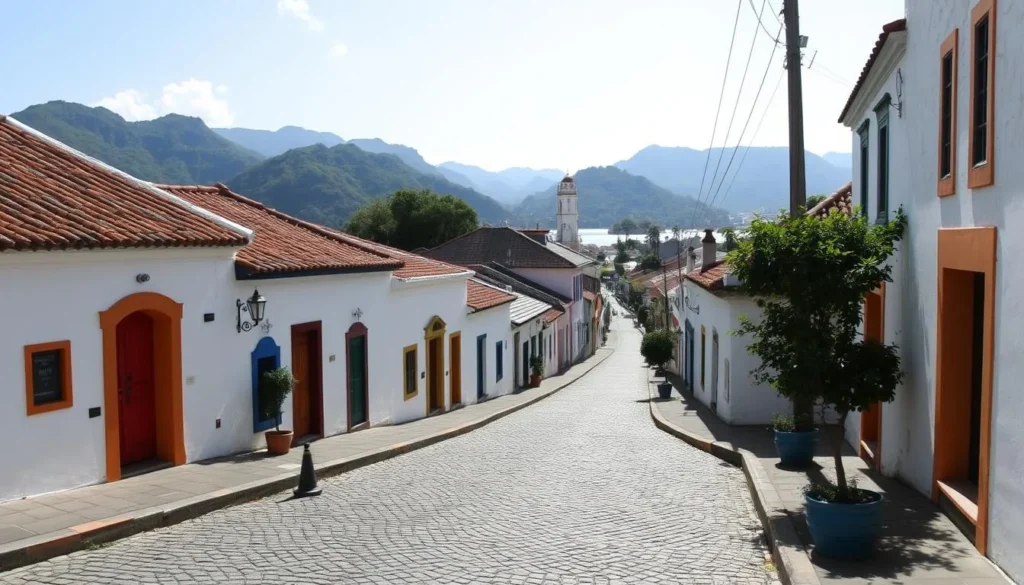 The colonial town of Paraty with its cobblestone streets, white buildings with colorful trim, and mountains in the background