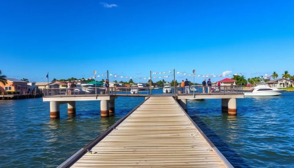 The colorful Matlacha Pass Bridge connecting Cape Coral to Pine Island, Florida with fishing enthusiasts lining its sides The colorful Matlacha Pass Bridge connecting Cape Coral to Pine Island, Florida with fishing enthusiasts lining its sides