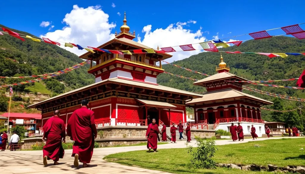 The colorful Namo Buddha Monastery in Dhulikhel with traditional Tibetan architecture and prayer flags