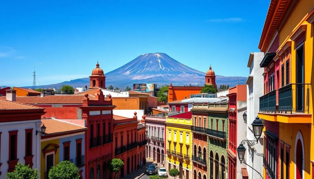 The colorful colonial buildings and streets of Puebla with Popocatépetl volcano visible in the background