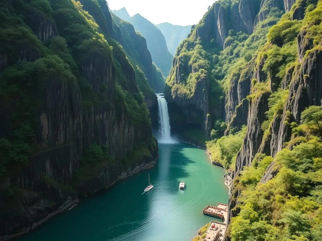 The dramatic V-shaped Takachiho Gorge with its towering basalt columns and waterfall, a scenic day trip destination from Kumamoto The dramatic V-shaped Takachiho Gorge with its towering basalt columns and waterfall, a scenic day trip destination from Kumamoto