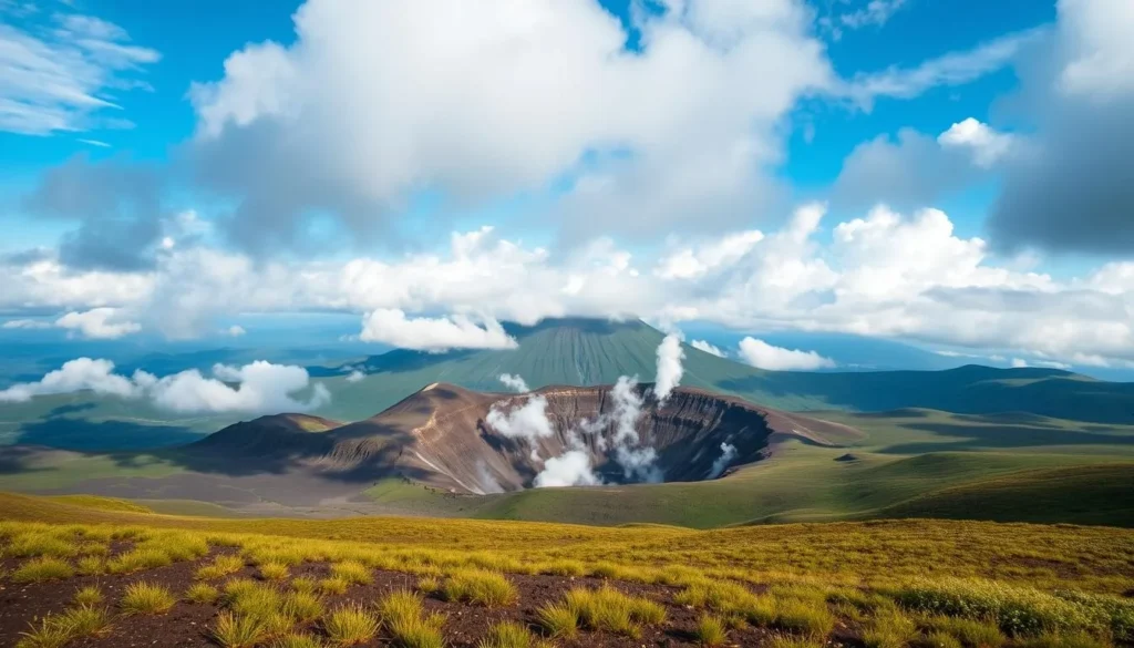 The dramatic volcanic landscape of Mount Aso in Kumamoto, showing the active crater with steam rising and the surrounding caldera, one of the largest in the world The dramatic volcanic landscape of Mount Aso in Kumamoto, showing the active crater with steam rising and the surrounding caldera, one of the largest in the world